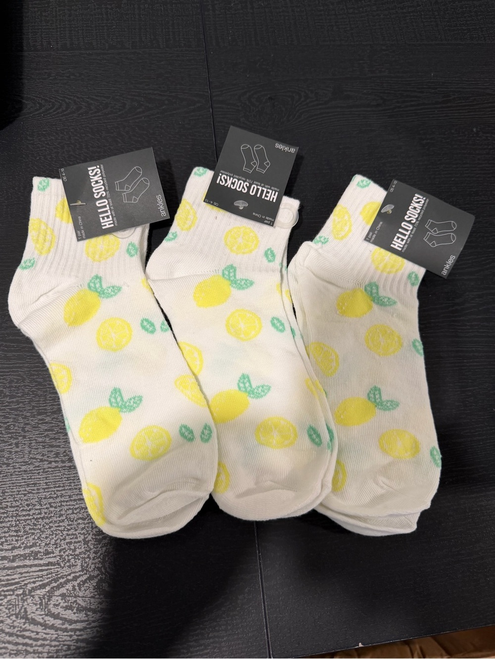 Hello Socks White Ankle Socks with Yellow Lemon Print - Pack of 3